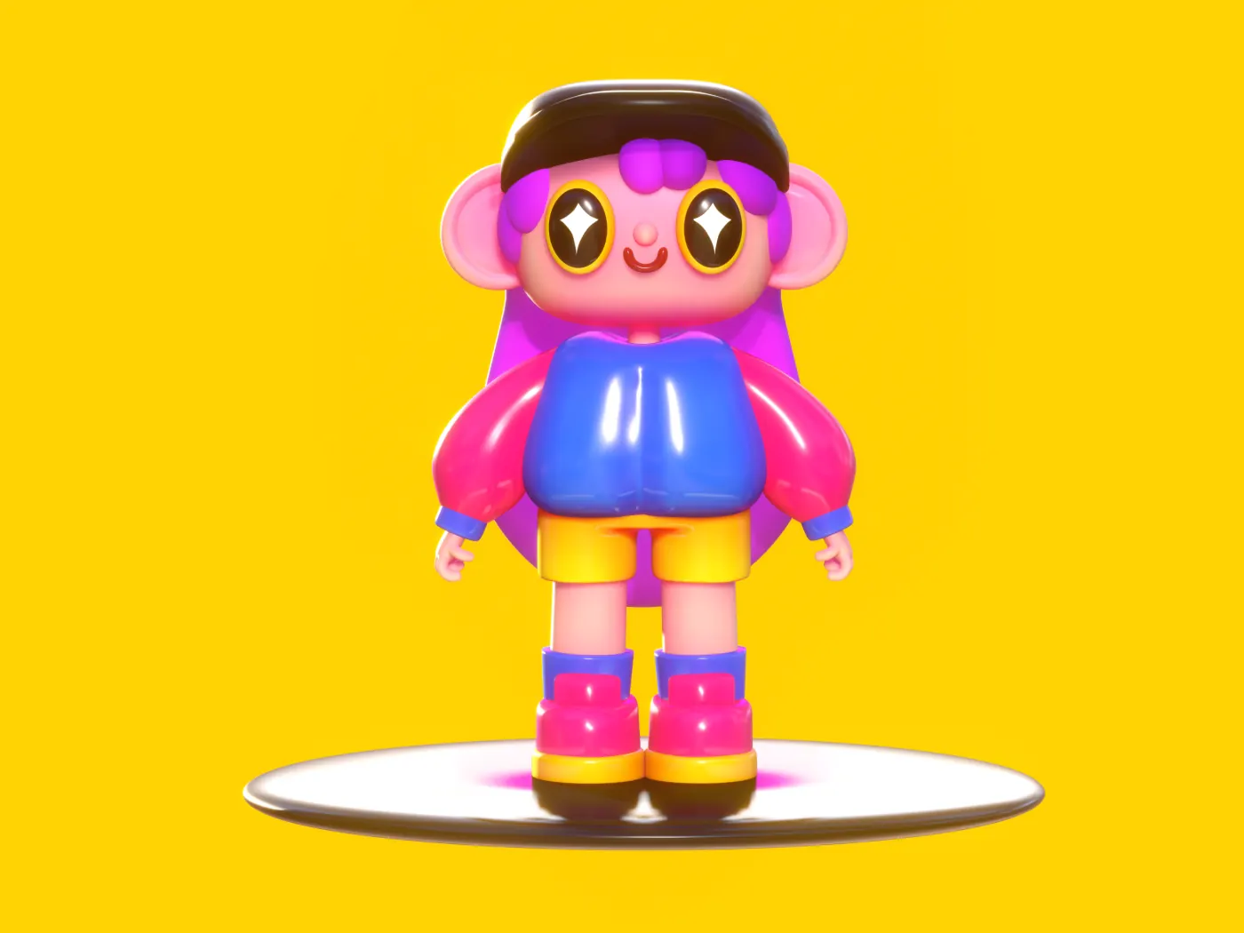 Colourful toy-like character standing on a silver platform