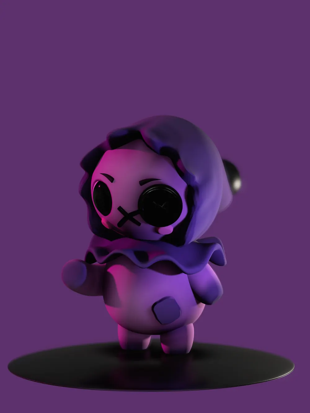 Hooded character with black button eyes