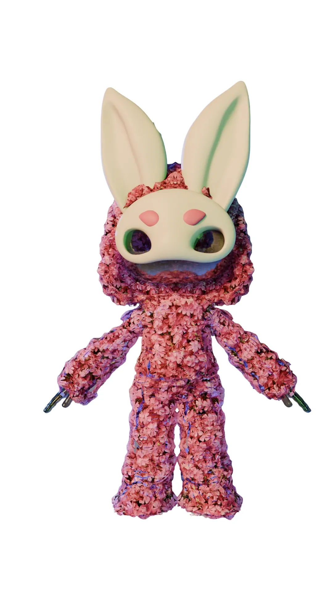 Pink floral rabbit character wearing a pale mask
