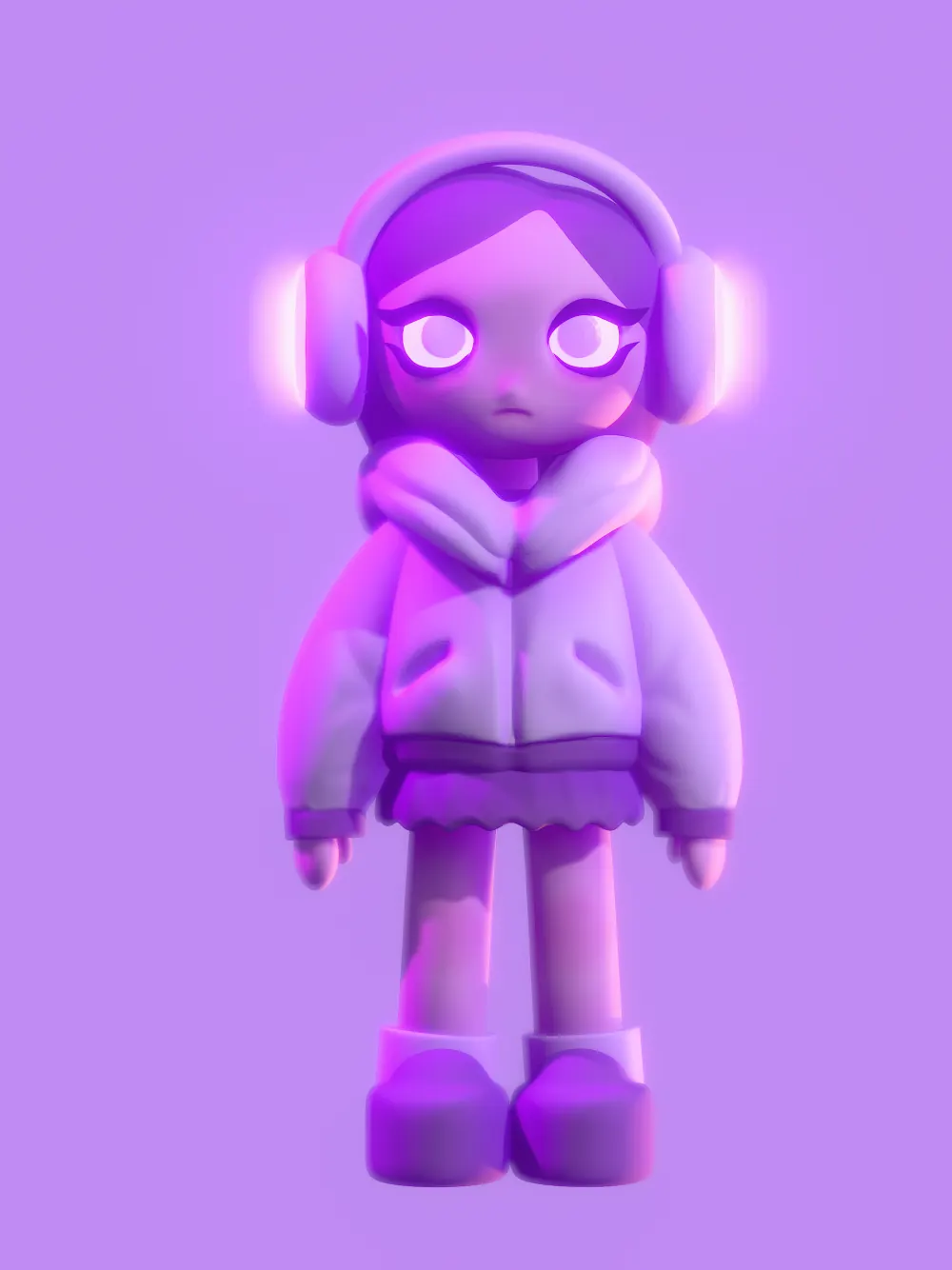 Purple character wearing glowing headphones and a hoodie