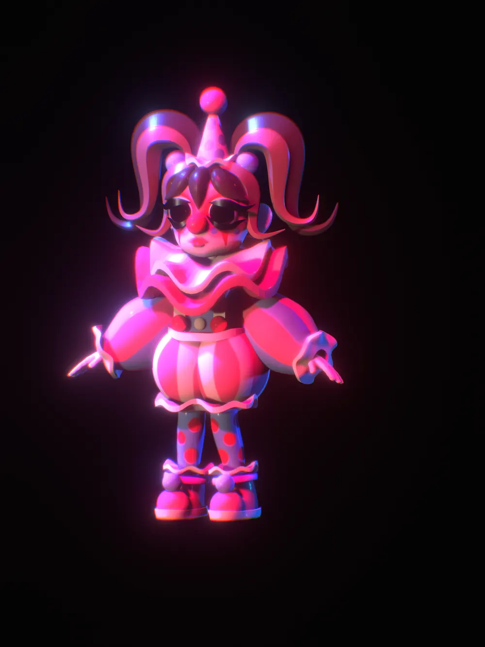Pink jester character lit against a black background