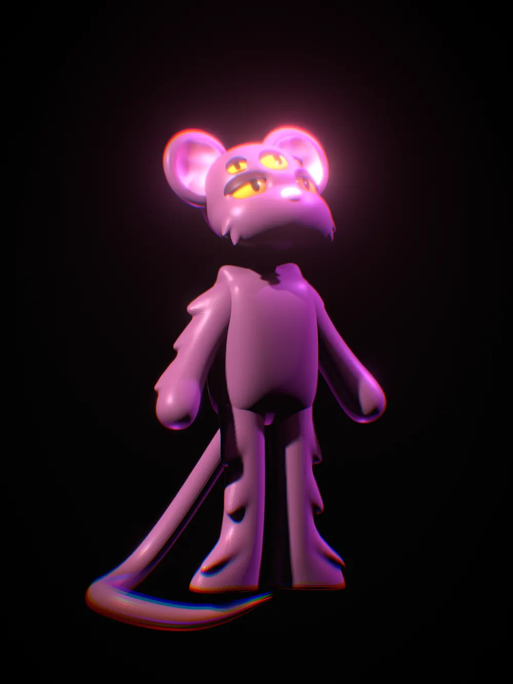 Four-eyed mouse character lit against a black background