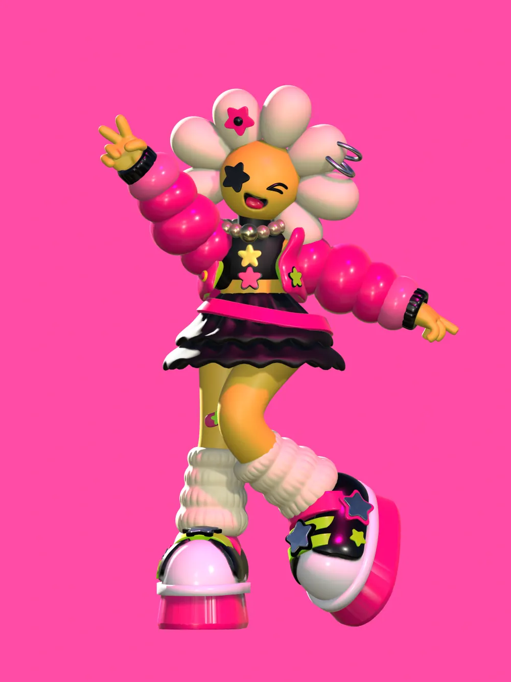 Colourful flower-headed character in a playful pose
