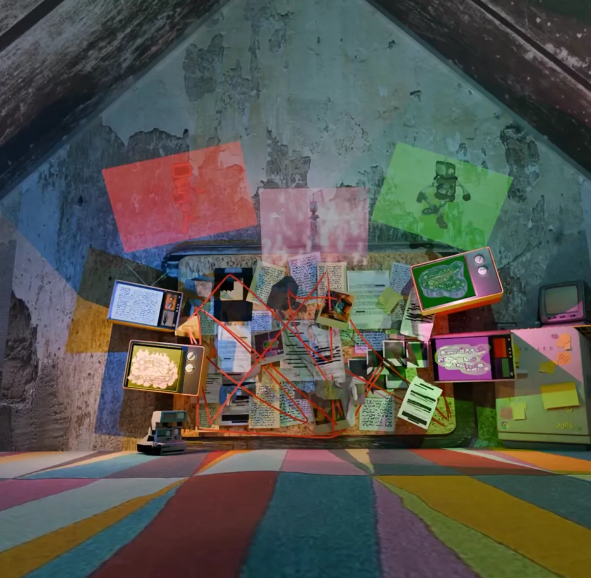 Colourful investigation room with old televisions and a wall of notes