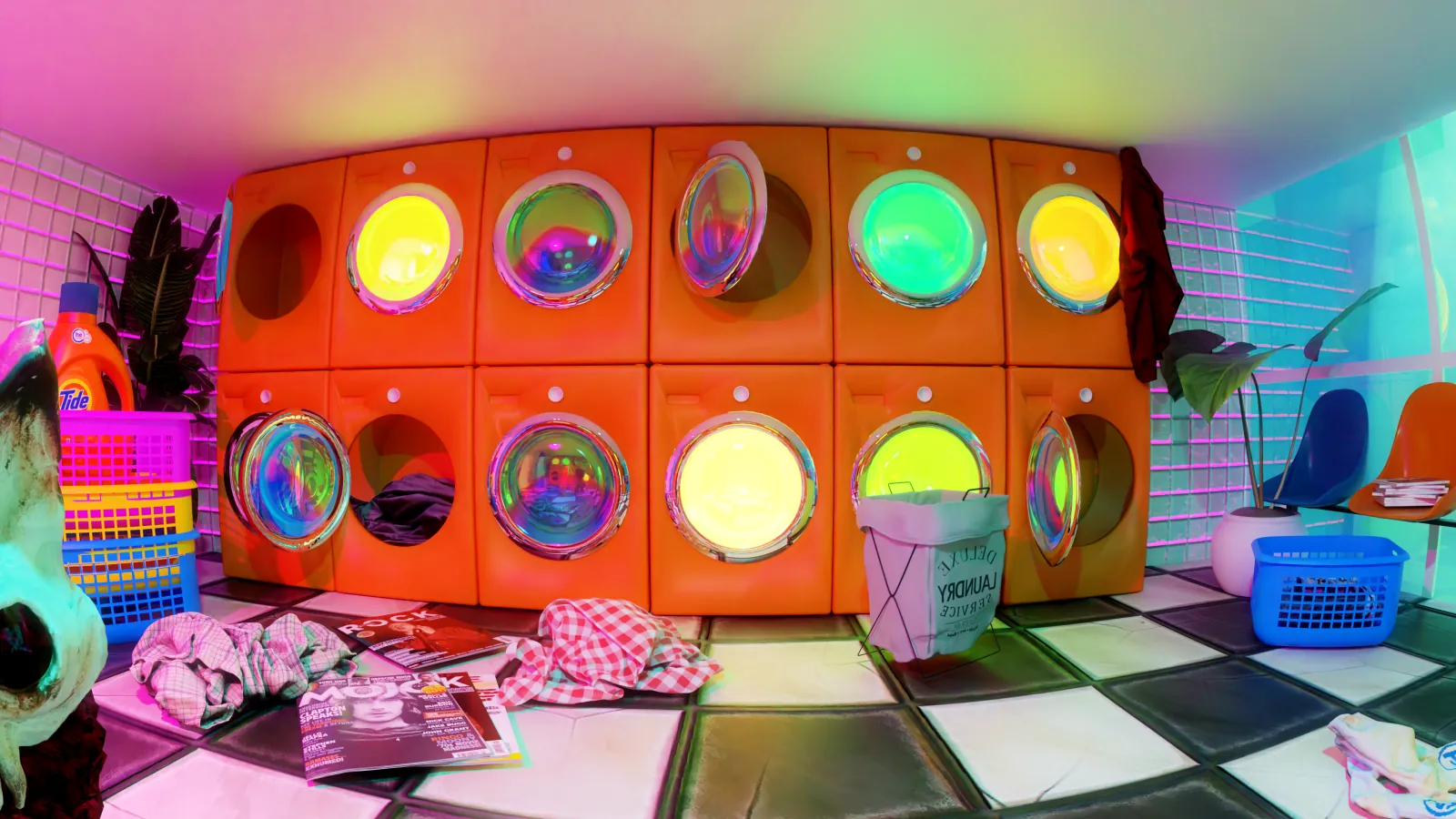 Highly saturated laundromat with orange washing machines