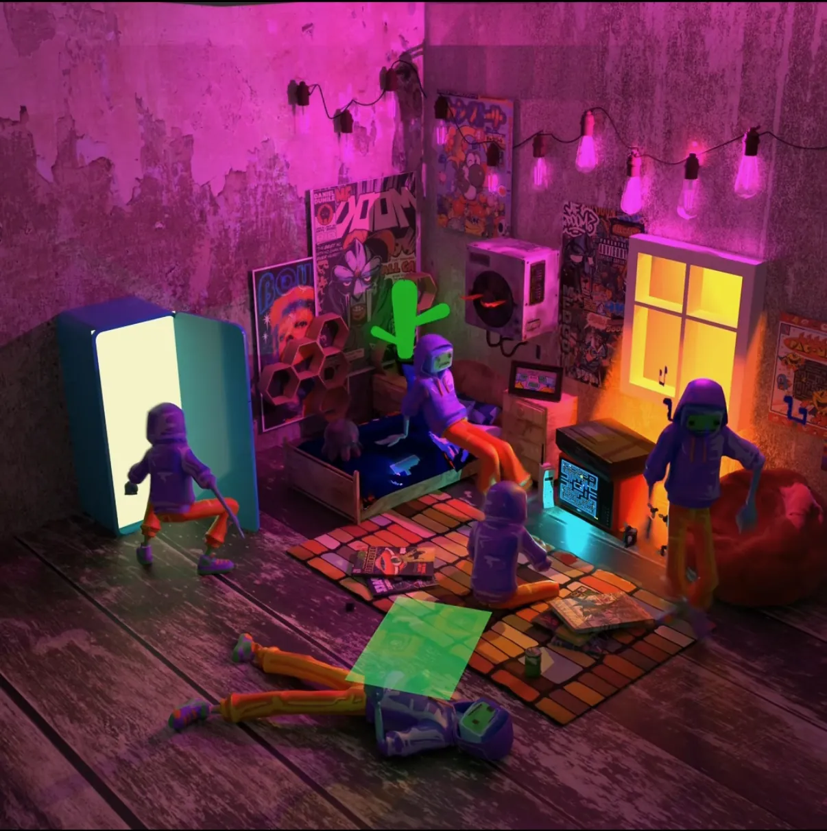 Neon bedroom filled with characters, posters and glowing objects