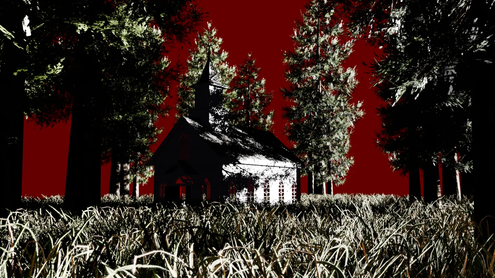 Dark woodland chapel beneath a vivid red sky