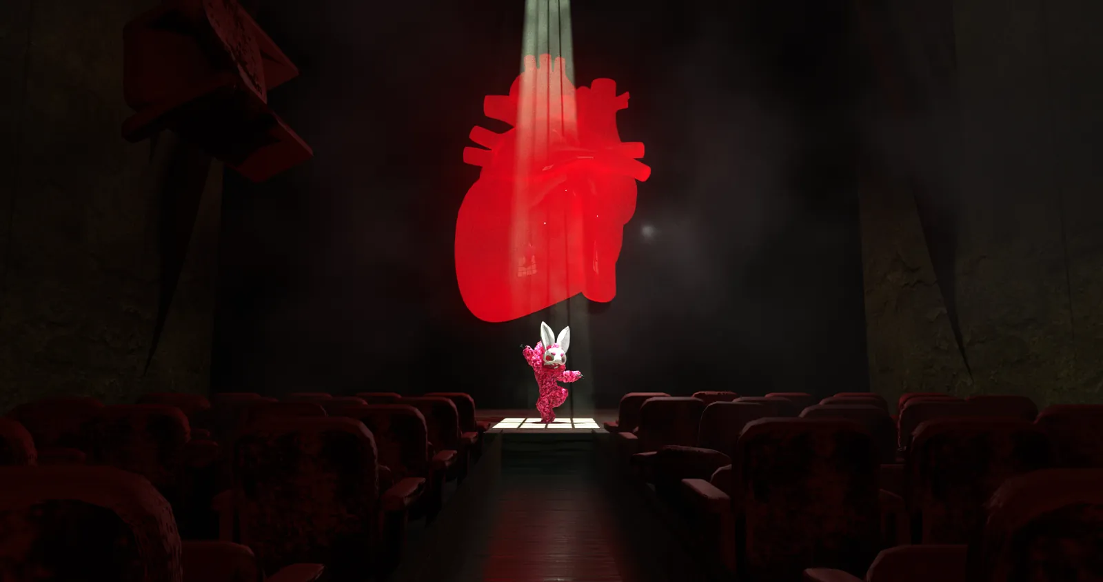 Floral rabbit character performing under a spotlight in a dark theatre